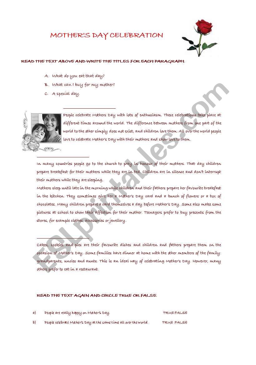 mother`s day celebration worksheet